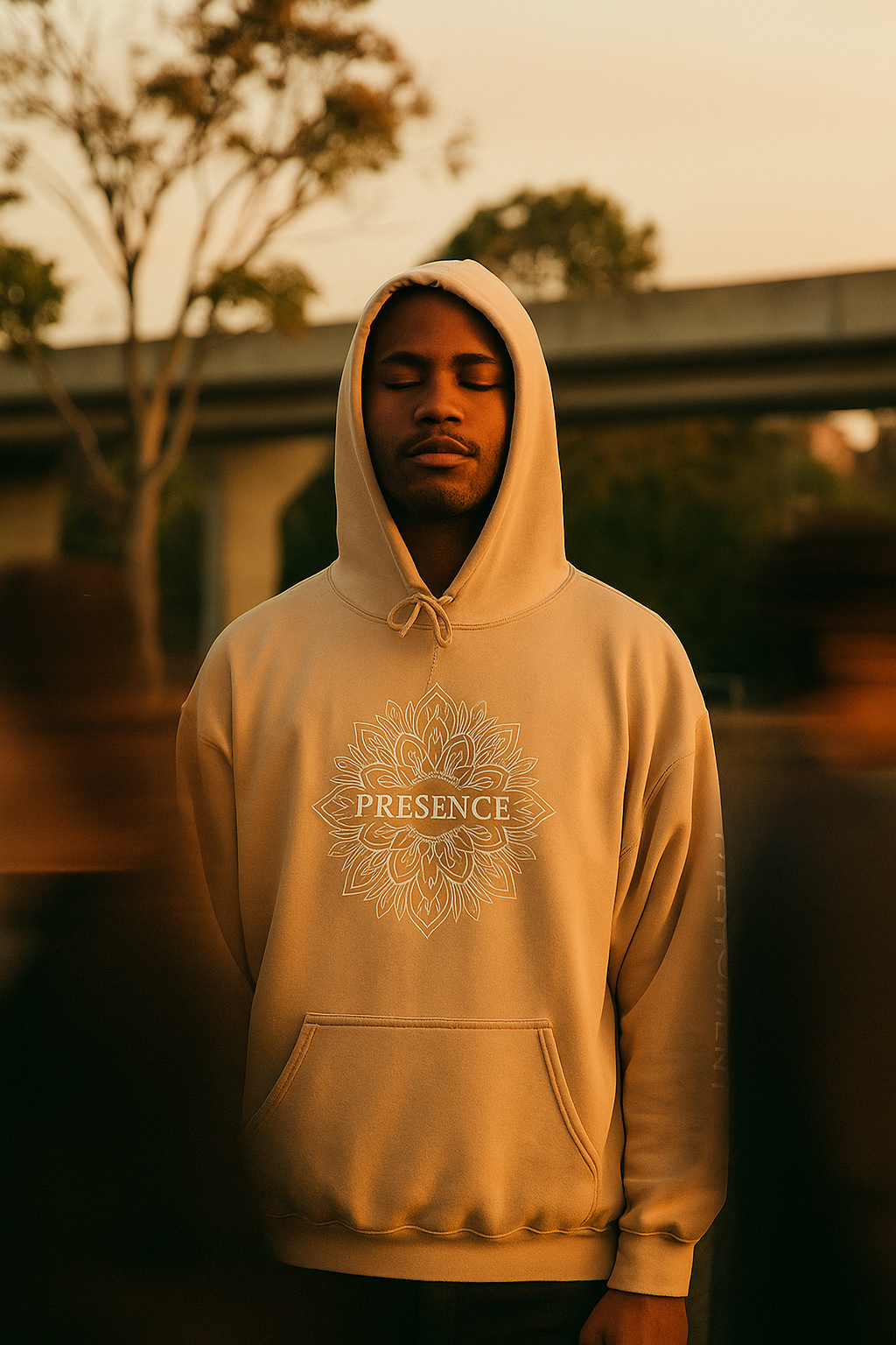 Person wearing beige mindfulness hoodie standing still in city, symbolizing presence and calm streetwear by Worn Theory.