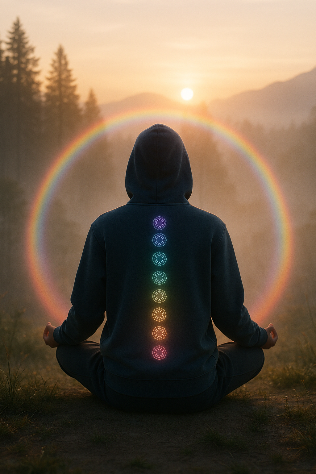 Meditating person in navy hoodie with glowing chakra design, spiritual streetwear from Worn Theory Sacred Flow collection.